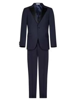 Abito blu navy in lana vergine e raso nero