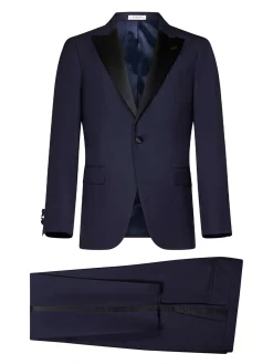 Abito blu navy in lana vergine e raso nero