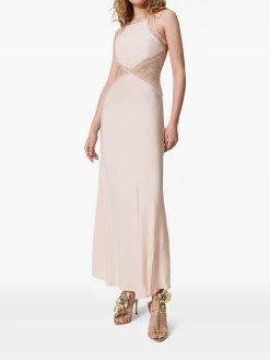 Abito lungo beige svasato con pizzo