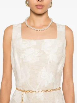 Abito midi beige con rose e fessura