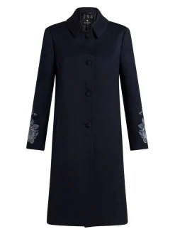 Cappotto In Gabardine Blu Con Ricami