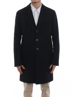 Cappotto monopetto in lana tecnica blu