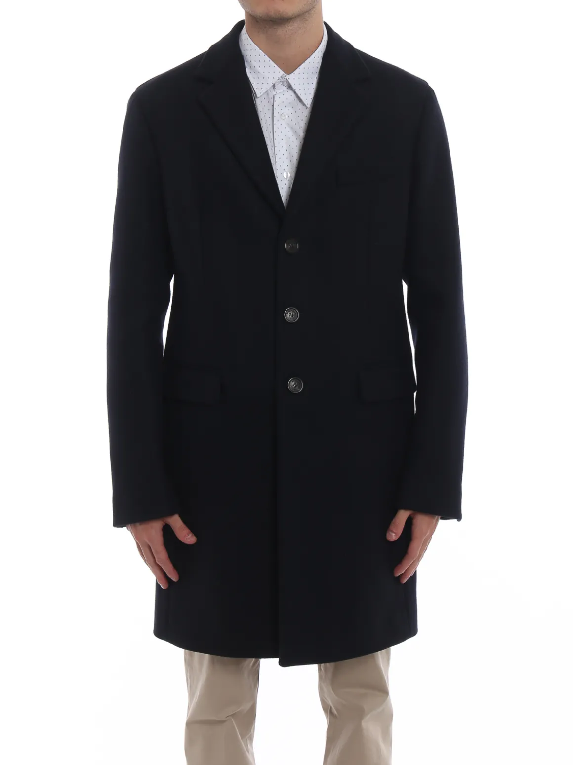 Cappotto monopetto in lana tecnica blu
