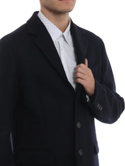 Cappotto monopetto in lana tecnica blu