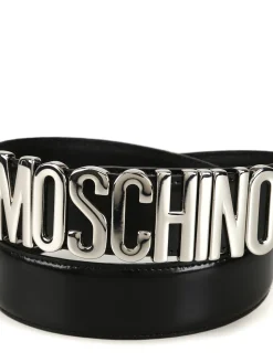 Cintura in vernice nera con logo lettering