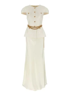 Cream Taffeta Chain Belt Abito Maxi