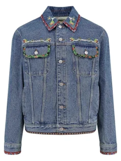 Giubbino Denim Con Ricami Multicolor