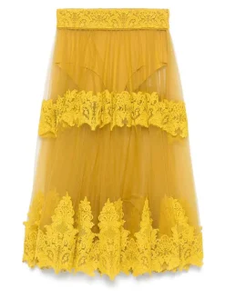 Gonna midi giallo ocra con pannelli in pizzo