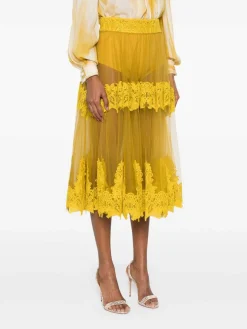 Gonna midi giallo ocra con pannelli in pizzo