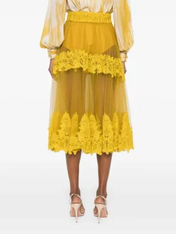 Gonna midi giallo ocra con pannelli in pizzo
