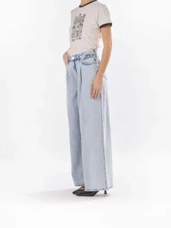 Pantaloni in denim blu gamba larga