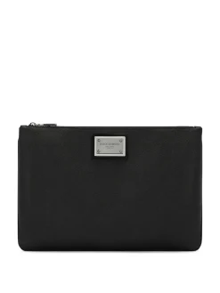Pochette in pelle con placca logo
