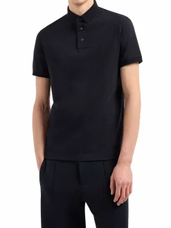 Polo in jersey jacquard nero a maniche corte