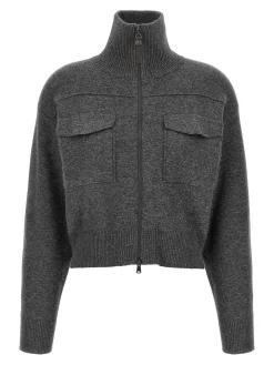 Shiny Zipper Pull Wool Cardigan