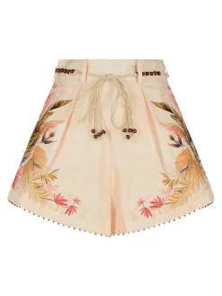 Shorts a pieghe di lino a vaiolo a colori